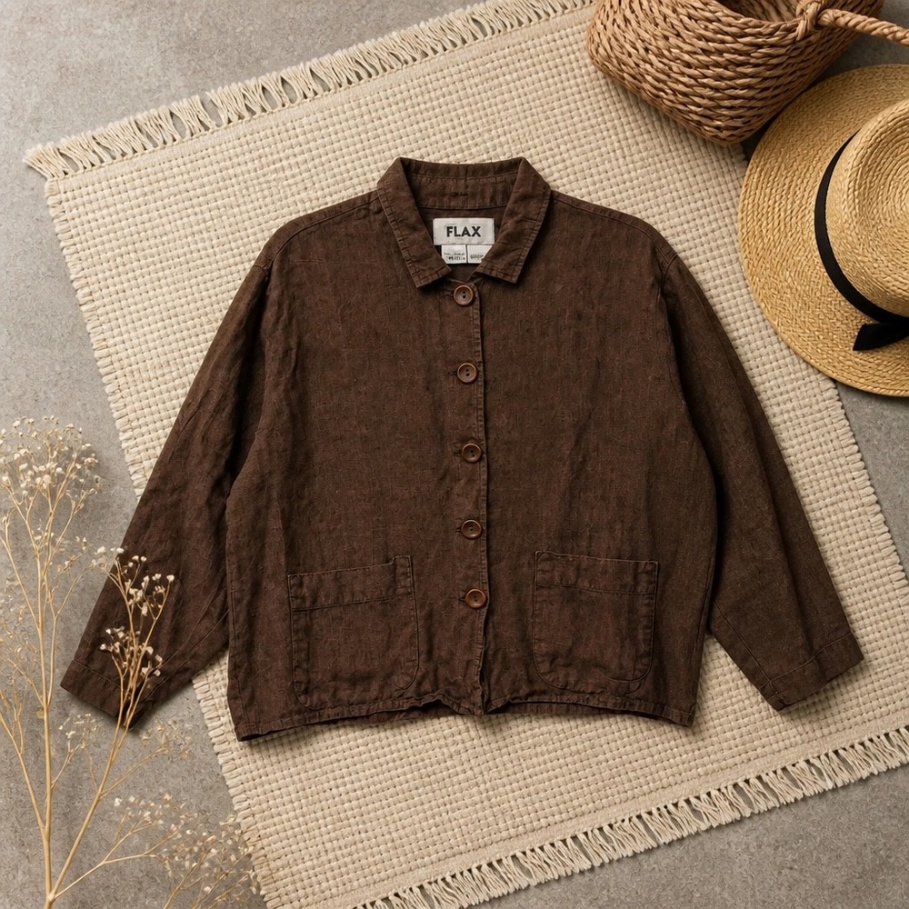 FLAX Womens Linen Button Down Shirt Jacket Brown Lagenlook Petite P Medium